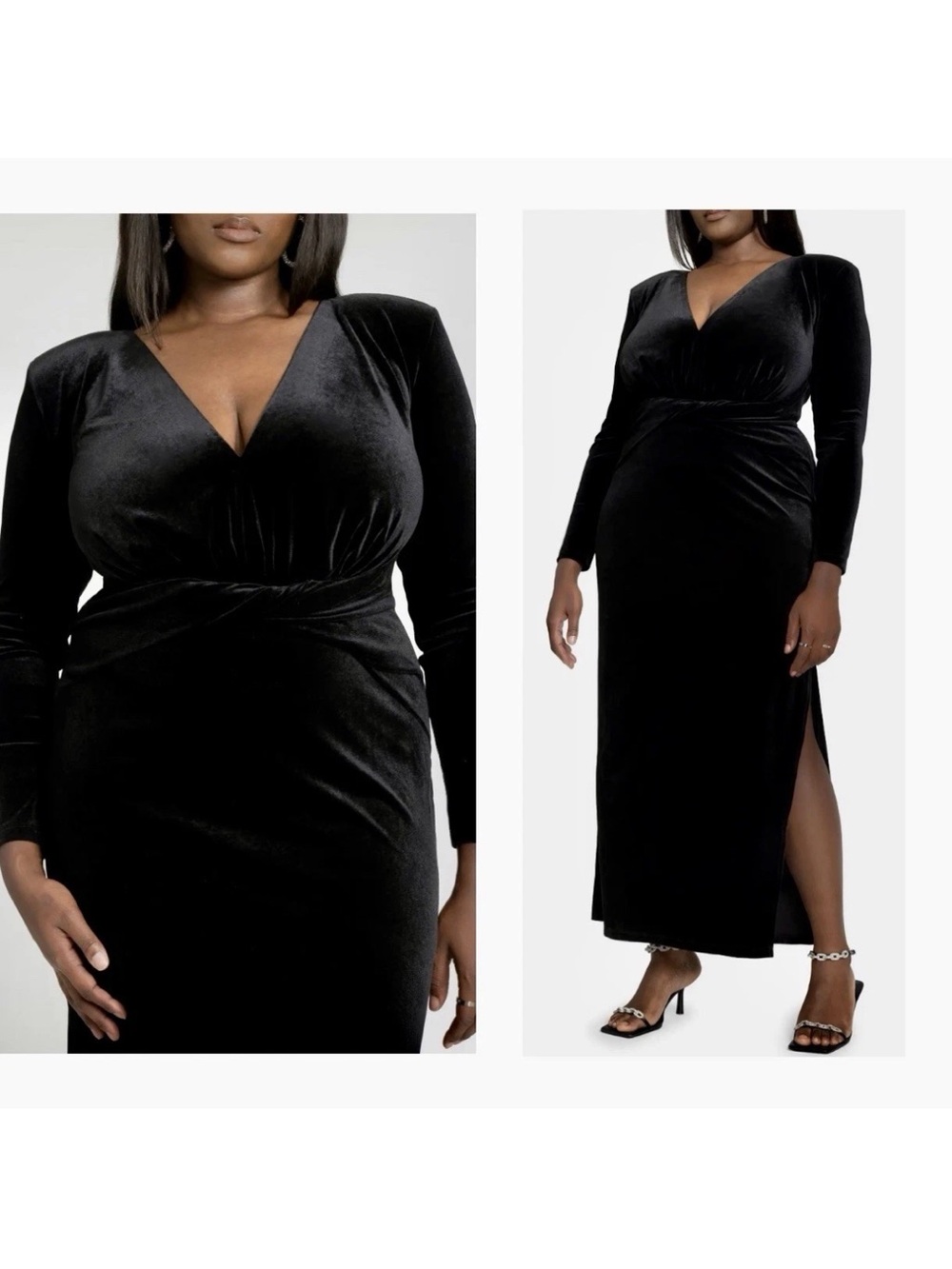 ELOQUII Twist Front Long Sleeve Velvet Cocktail Dress SIZE 18 Black Maxi Dress